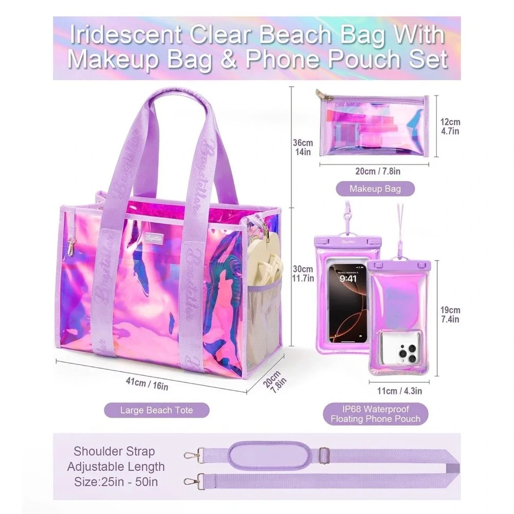NWT Bagstellar Iridescent Clear Beach Tote Bag 4-Piece Waterproof Phone Kit